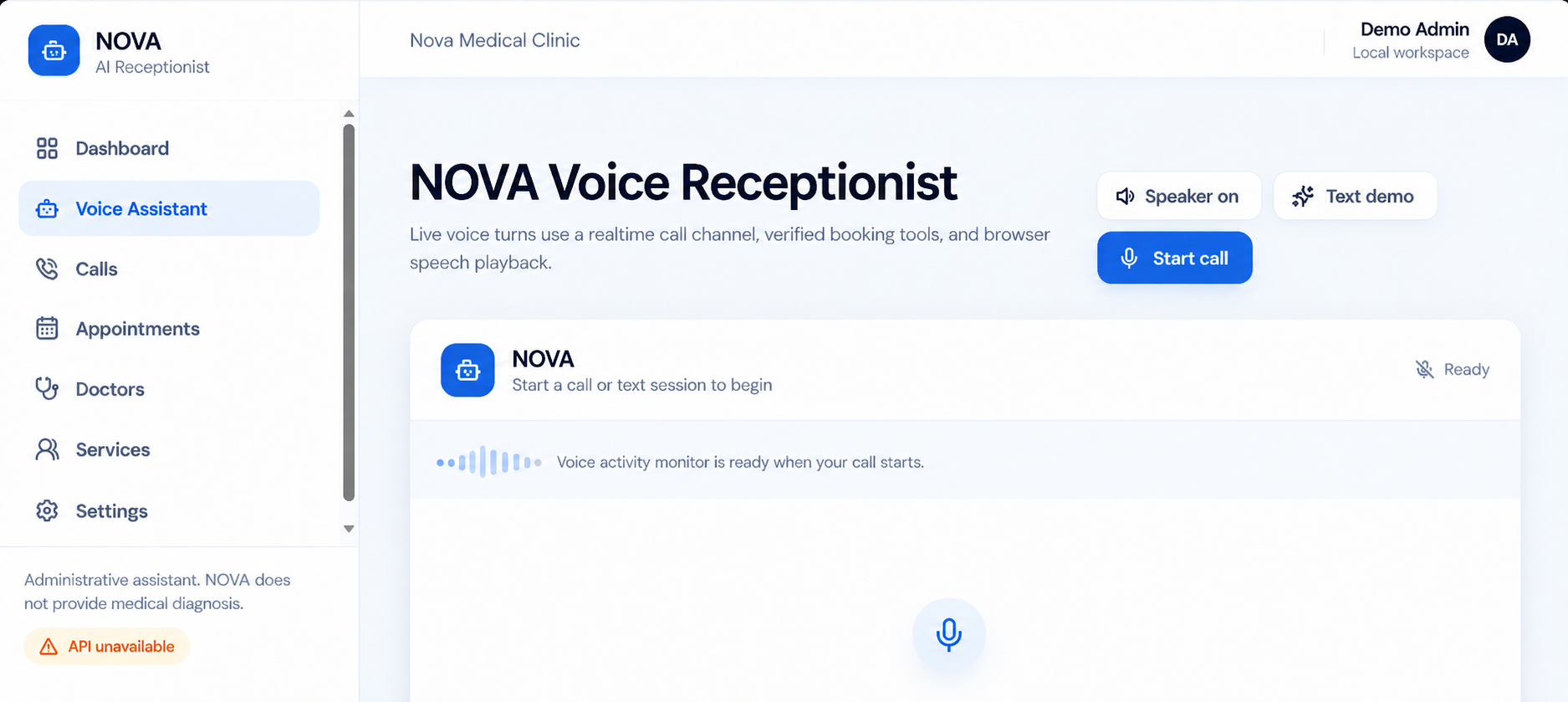 Nova Voice Call Assistant dashboard preview